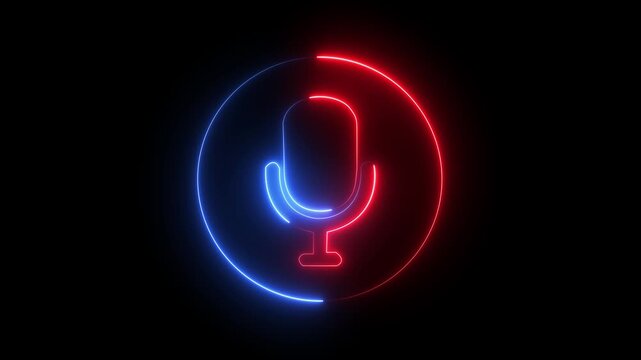 Neon microphone sign icon animation glowing blue color audio voice record studio streaming audience music talk show sign symbol