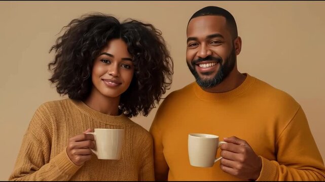 Smiling Adult Couple, Woman and Man Holding Ceramic Mug in Warm Indoor Sweater Portrait Setting