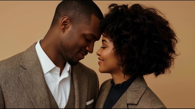 Romantic Black Couple Sharing Intimate Smile and Affectionate Gaze in Elegant Portrait Style Outfit
