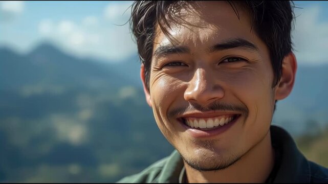 Smiling Asian Man Portrait Outdoors with Mountain Background and Warm Natural Sunlight Landscape