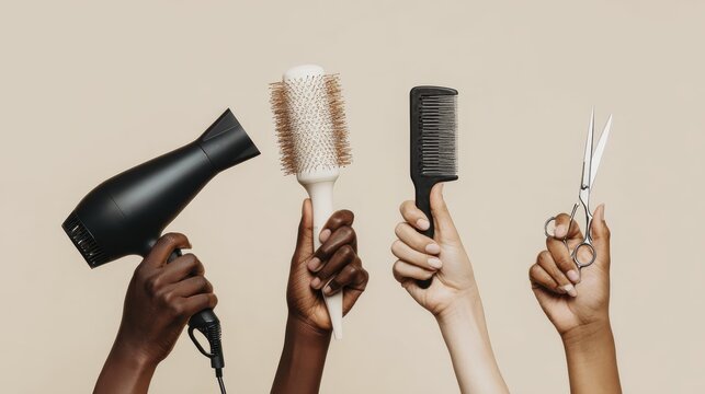 Diverse hands holding hair styling tools against neutral background