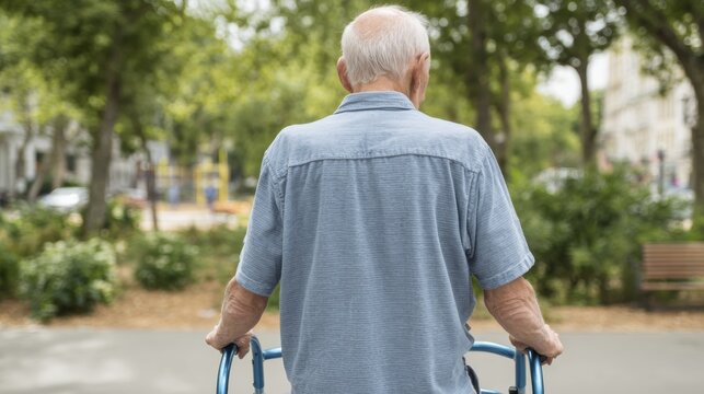 Elderly man using walker outdoors in tranquil park setting