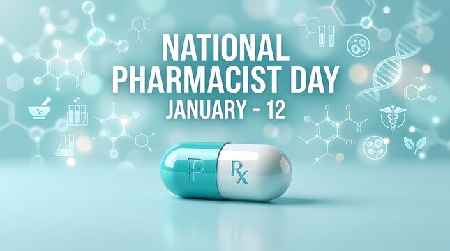 National pharmacist day concept with a medical pill featuring p and rx symbols on a blue background with scientific and pharmaceutical icons