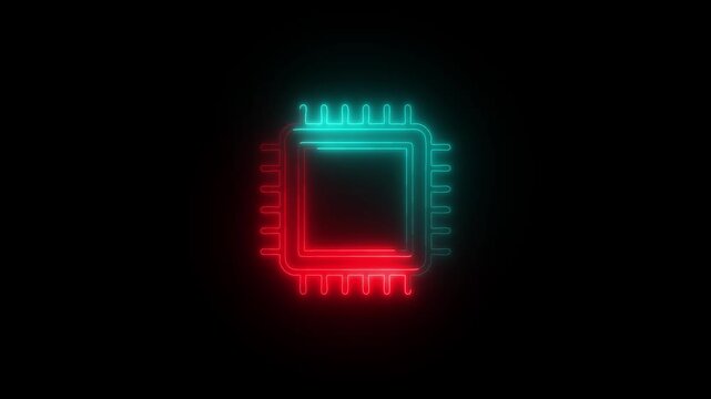 Neon Integrated Circuit Diagram Glow Animation, Futuristic Microchip Outline with Pulsing Electric Connections, Vibrant Multicolor PCB Tech Design on Black Background