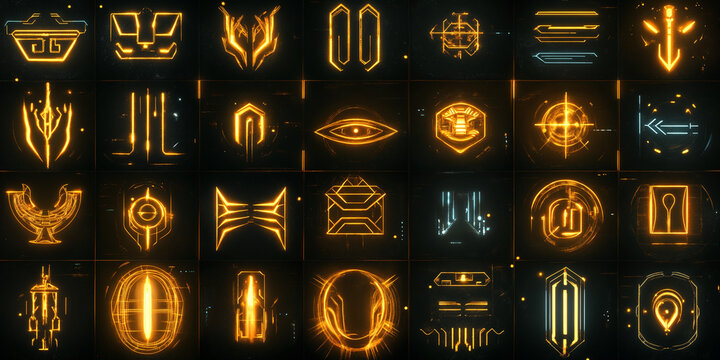 Set of Glowing Futuristic Abstract Symbols and Sci-Fi Graphic Elements for UI Design