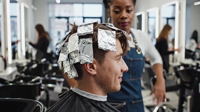 Professional african american hairstylist applying foil for highlighting and dyeing a young caucasian man's hair, providing a modern stylish look in a contemporary beauty salon