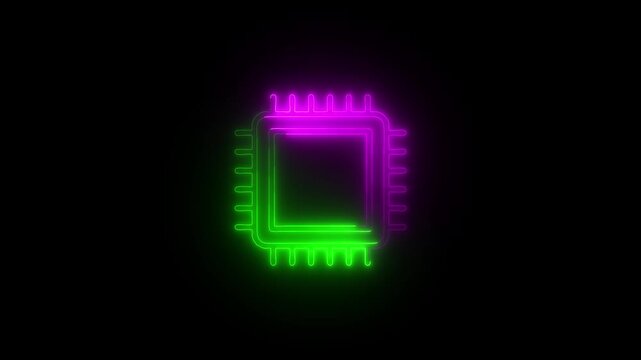 Neon Integrated Circuit Diagram Glow Animation, Futuristic Microchip Outline with Pulsing Electric Connections, Vibrant Multicolor PCB Tech Design on Black Background