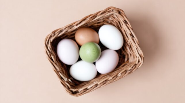 Colorful variety of eggs in wicker basket on neutral background for rustic aesthetic