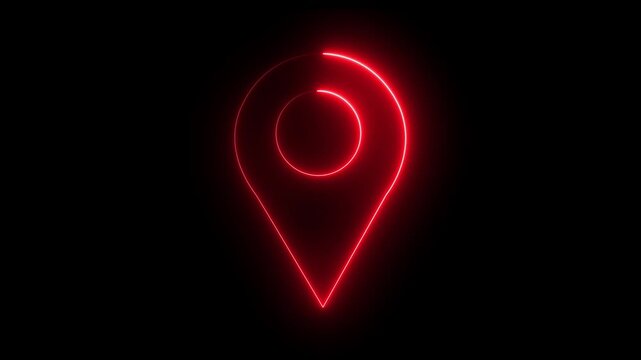 Abstract location glowing neon icon fast tracking map pin icon animation on black background. 4k