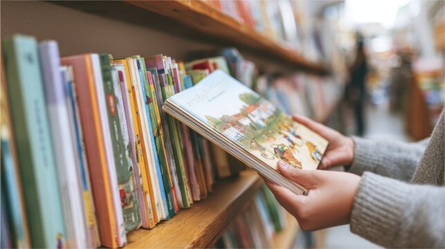 Person choosing colorful children's book from library bookshelf in cozy bookstore setting