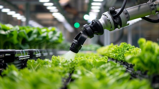 A high tech automated robotic arm precisely spraying a fine mist of water or nutrients over rows of fresh leafy green plants inside a modern hydroponic greenhouse 