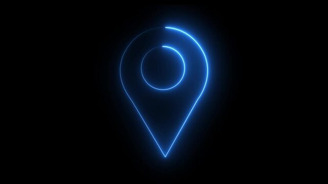 Abstract location glowing neon icon fast tracking map pin icon animation on black background. 4k