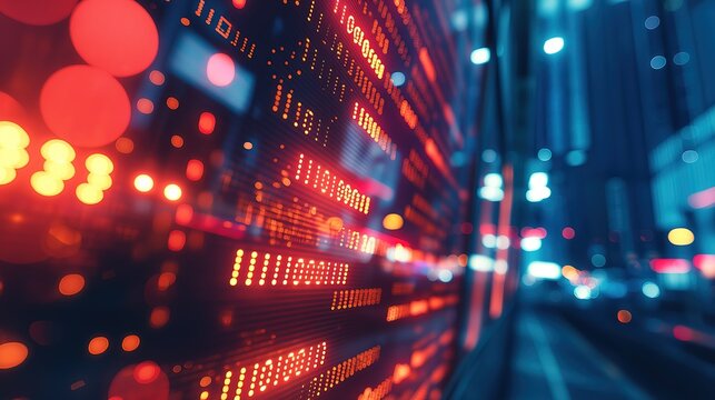 Abstract close‑up shot of digital stock ticker data display screen, glowing red‑yellow numbers and symbols including binary and numeric sequences, side viewing angle with extremely shallow depth of fi