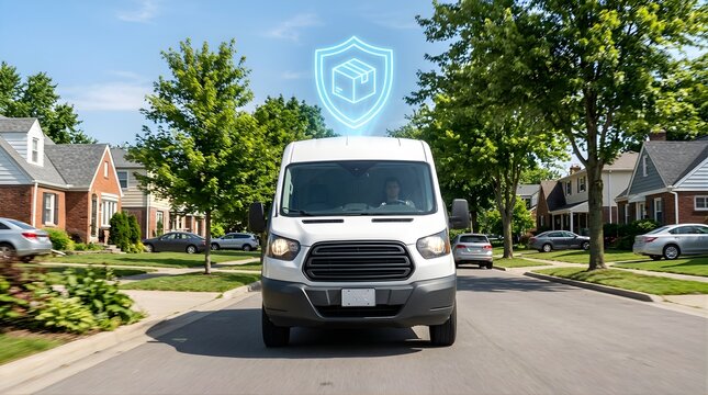 Delivery van driving through suburban street with secure package icon