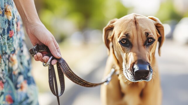 Owner walking brown dog on leash in sunny suburban street setting