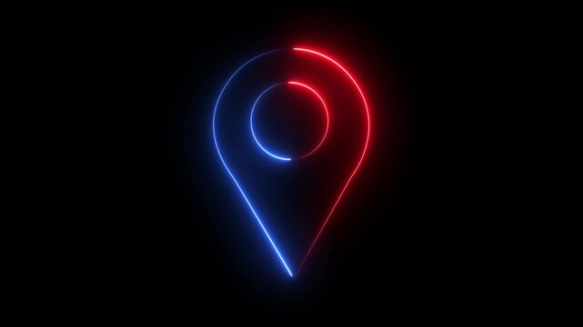 Abstract location glowing neon icon fast tracking map pin icon animation on black background. 4k