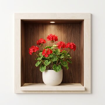 Red geranium flowers in a white pot displayed inside a wooden wall niche with warm accent lighting isolated on white background