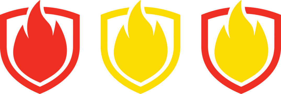 Set of three colorful fire shield icons representing safety and protection against flames