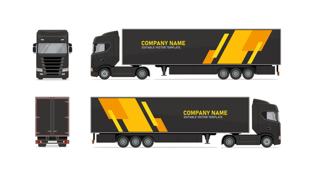 Black semi truck trailer vector template with side, front and rear views. Editable commercial transport mockup for fleet branding, logistics, advertising, livery and vehicle wrap design