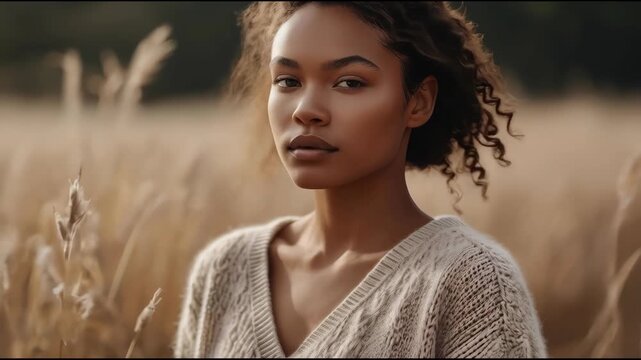 Young African Woman Portrait Wearing Knit Sweater in Golden Grass Wheat Field, Natural Soft Light