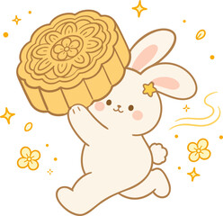 Fototapeta premium Cute Jade Rabbit Carrying Traditional Mooncake Mid-Autumn Festival Sticker Illustration