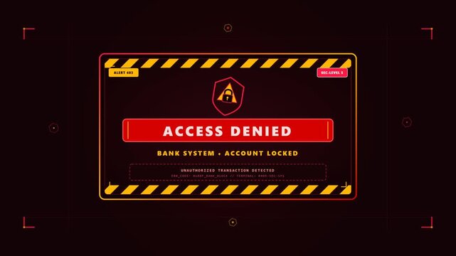 Digital bank system access denied warning message on screen showing unauthorized transaction security breach alert
