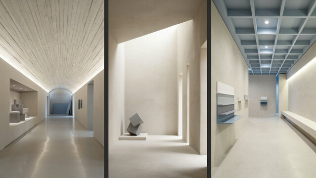 Modern gallery corridor with vaulted ceiling and geometric on white walls