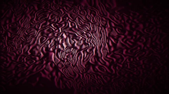 Seamless 3D loop of an abstract rippling topographic surface in a glitchy VHS aesthetic with scanlines, noise, and neon magenta lighting.