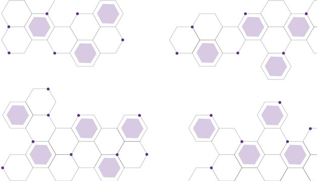 Abstract purple hexagon molecular structure, geometric honeycomb pattern background, scientific chemistry vector illustration for medical research