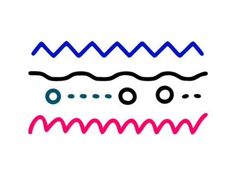 Four abstract lines with different patterns: a blue zigzag, a black wavy line, a turquoise dashed line with circles, and a pink wavy line.