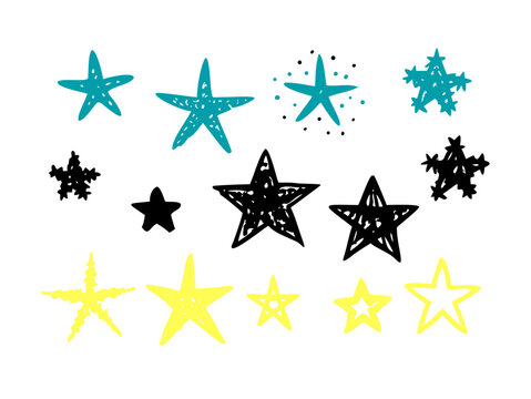 A collection of hand-drawn stars in different colors and sizes, some with dots and patterns. These stars are simple and graphic, adding a playful touch