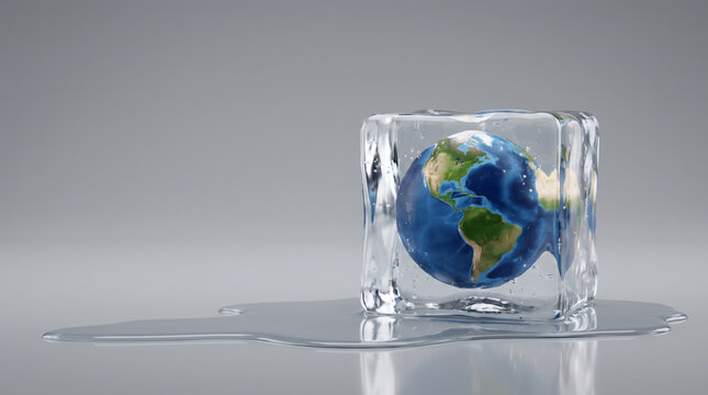 Melting ice globe symbolizes climate change and environmental concern. Global warming climate change crisis. earth planet disaster impact issue, heat iceberg melt liquid