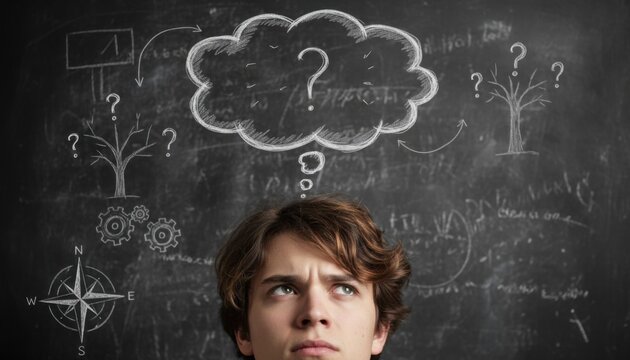 Young man looking up at a chalkboard covered in sketches of thought clouds and questions representing the process of learning and discovery