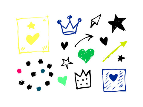 A collection of hand-drawn graphic elements including stars, hearts, crowns, arrows, and a framed blue square with a heart, all rendered in a playful, doodle-like style