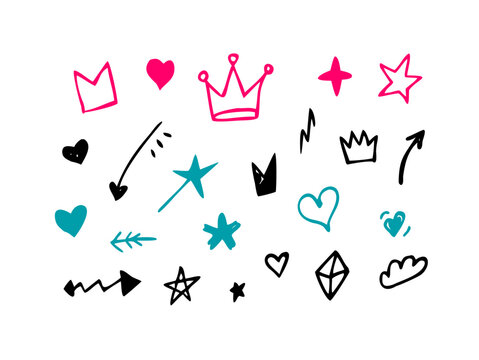 A collection of hand-drawn icons including crowns, hearts, stars, arrows, lightning bolts, and abstract shapes in vibrant colors