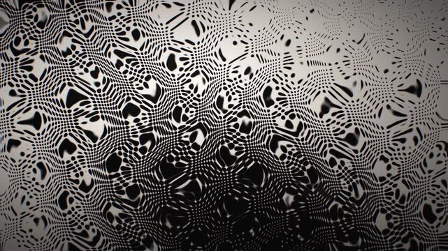 Seamless 3D loop animation of abstract op art halftone dots morphing into organic waves. High contrast monochrome moire texture for modern graphic motion design.