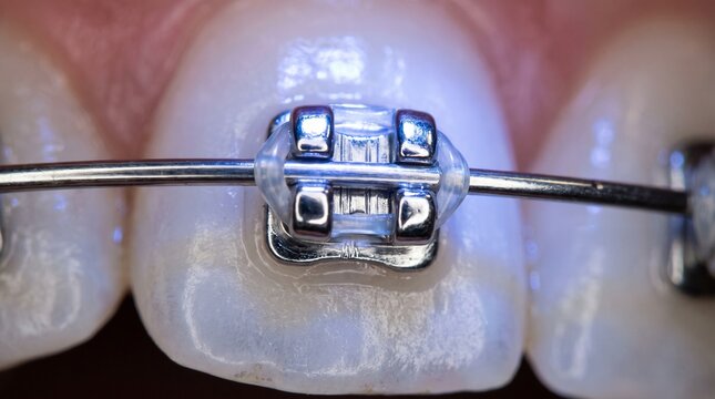 Close Up View of Metal Dental Braces Bracket on Human Tooth.