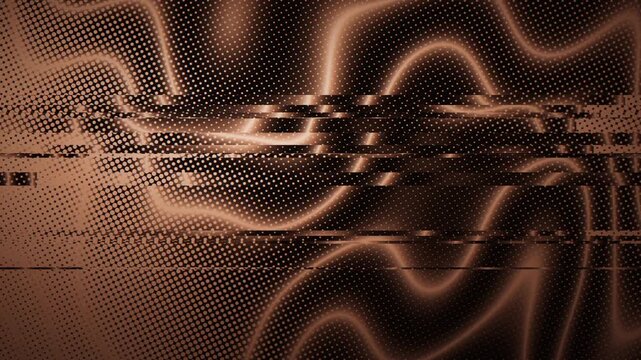 Seamless 3d loop animation in halftone and glitch style, featuring flowing neon-like curves over a dotted screen texture. Ideal for futuristic tech, music, and motion graphics backdrops.