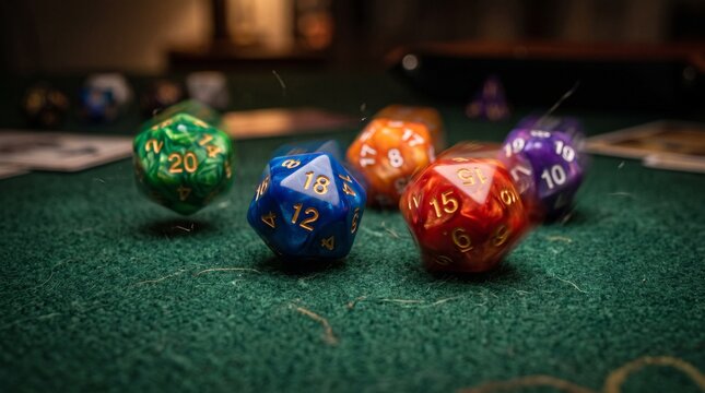 Colorful gaming dice scattered on a green tabletop during a game night  