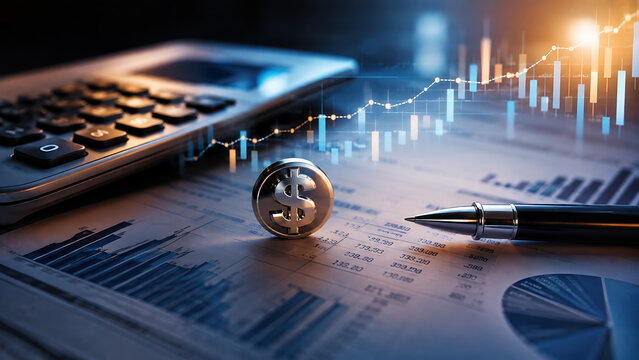 Financial analysis concept with calculator, charts, dollar symbol, and rising graph, representing investment growth, budgeting, accounting, and business finance.