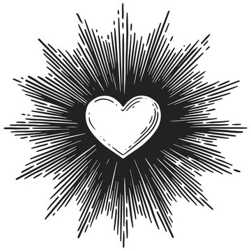 Heart surrounded by radiating rays. Black and white engraving illustration suitable for romantic, decorative, tattoo and poster designs.