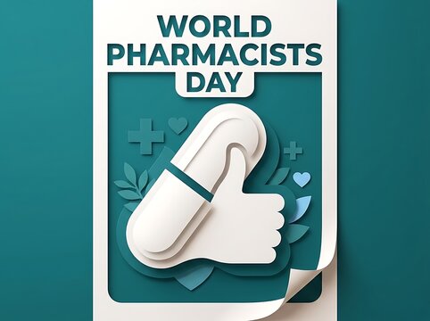 World pharmacists day paper cut style illustration with a pill shaped like a thumbs up sign, symbolizing health care, medical support, and professional pharmacy services
