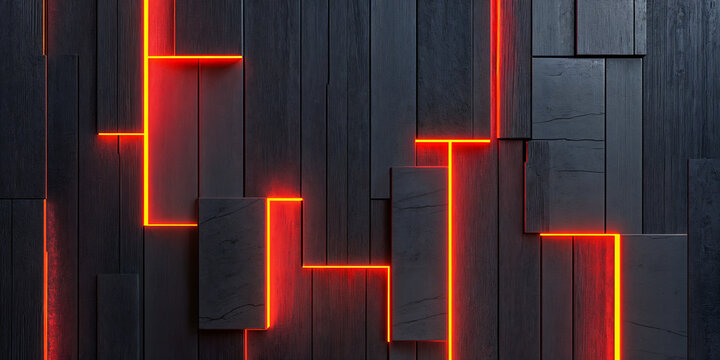 Futuristic black wood panel background with glowing orange neon light, modern 3D geometric wall texture, dark abstract architectural surface
