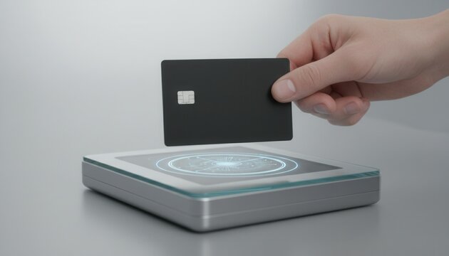 Hand hovering a sleek credit card over a modern payment terminal showing a transaction processing animation sequence