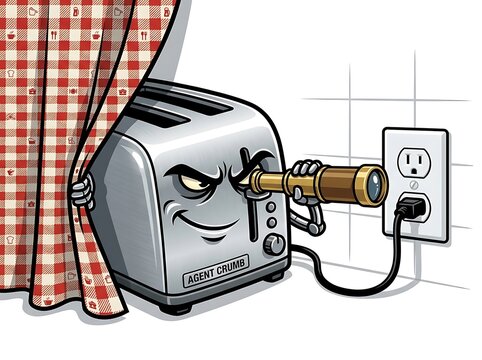 Sneaky toaster agent cartoon character, humorous kitchen appliance illustration, spying toaster with monocular, funny anthropomorphic vector art, spy theme background