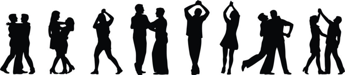 Fototapeta premium Set of black silhouettes depicting couples and individuals dancing, embracing, and moving, isolated on a white background, for various applications