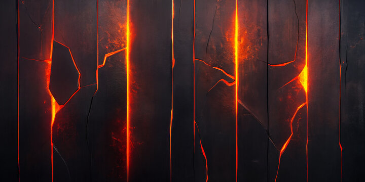 Dark Volcanic Obsidian Stone Background with Glowing Red Magma Lava Cracks and Fiery Heat Energy Texture