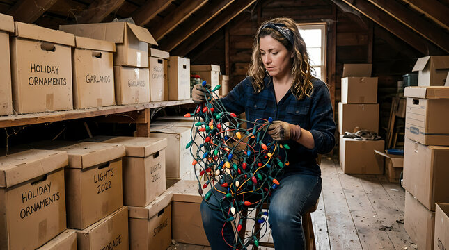 Woman untangles multicolored seasonal electric wires while sitting in a wooden attic filled with storage containers that are organized and labeled for easy finding of yearly festive decorations