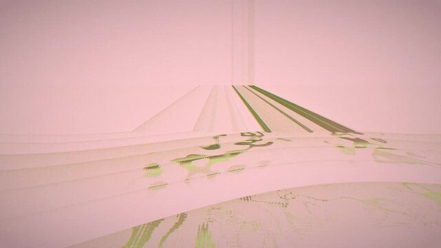 Pastel vhs glitch style abstract 3d tunnel loop with grainy noise, scanline texture, and warped geometric motion for seamless motion graphics.
