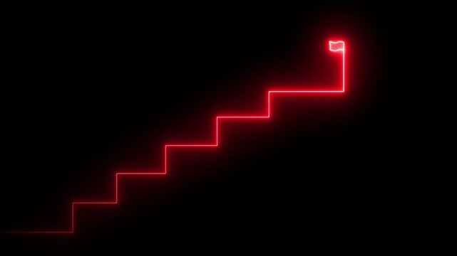 Glowing neon Success stairs sign with flag icon animation Neon glowing Person Climbing Stairs Towards Success flag, Glowing neon business graph chart concept